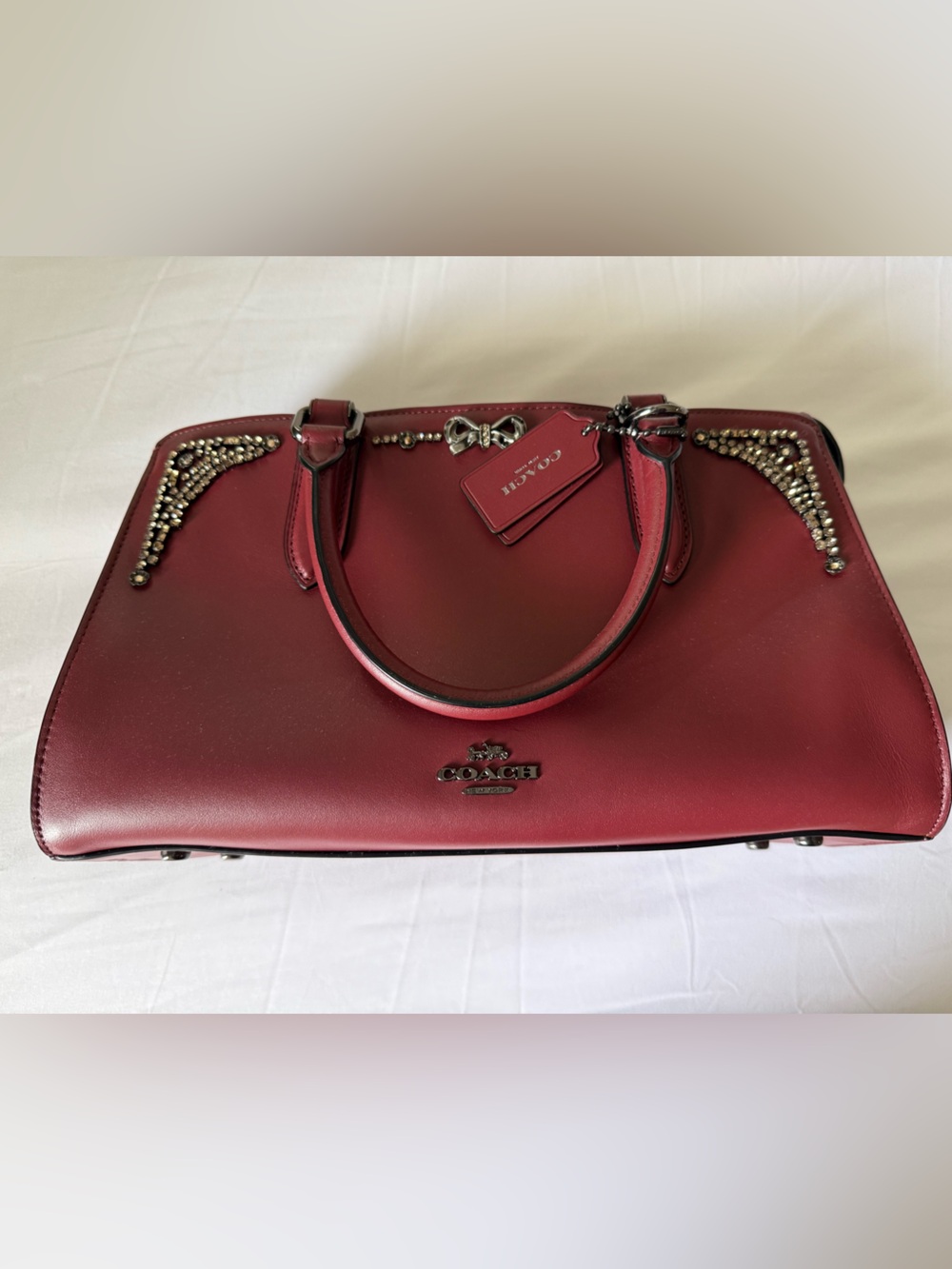 Coach Burgundy Leather Satchel with Studded Trim